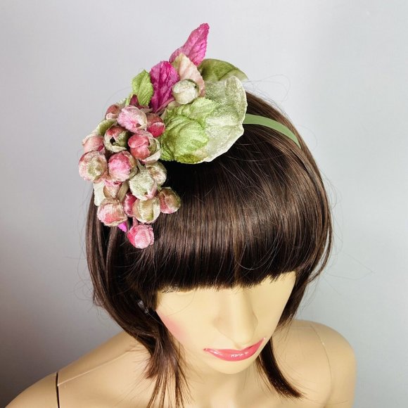 Vtg Louise Green Velvet Leafy Floral Headpiece w/ Ribbon Buds Whimsy Pink Green main image 5